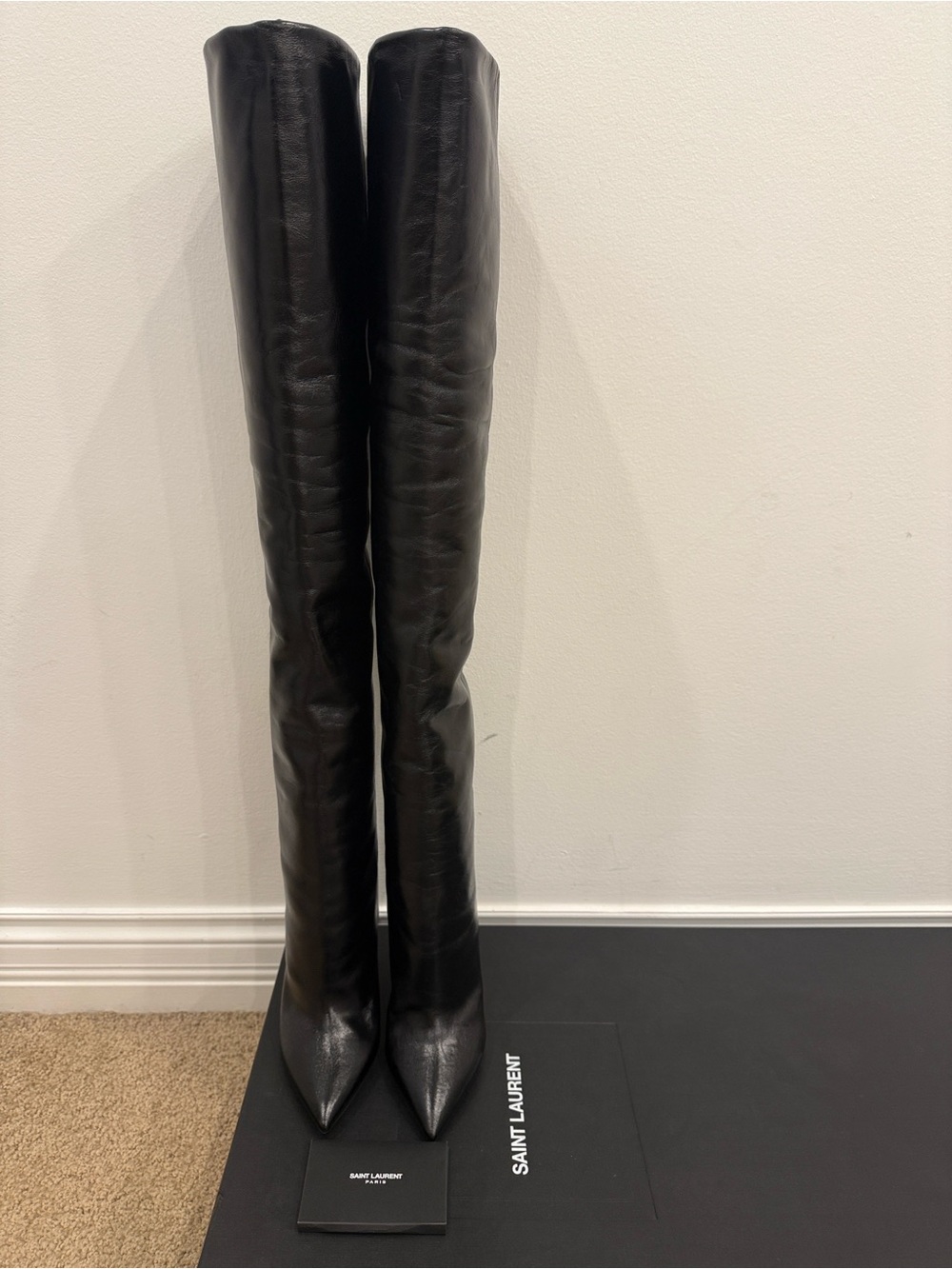 Saint Laurent Over-The-Knee Black Leather Boots 37.5 – Runway Statement BootsNWT